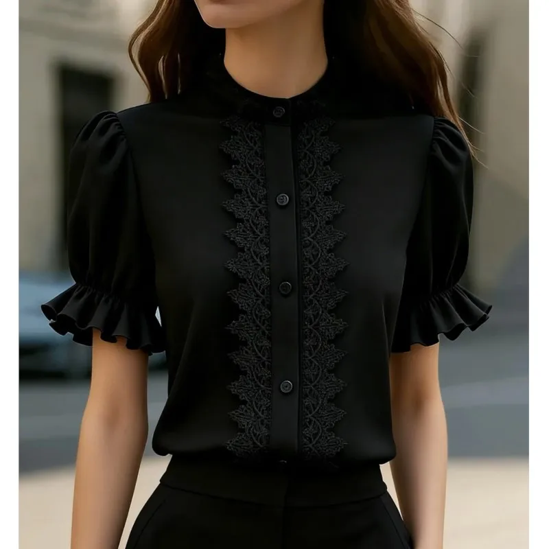 Women's Blouses New Summer Stand Collar Lace Stitching Puff Sleeve Short Sleeve Casual Shirts For Women Elegant Black Clothing
Women's Blouses New Summer Stand Collar Lace Stitching Puff Sleeve Short Sleeve Casual Shirts For Women Elegant Black Clothing
