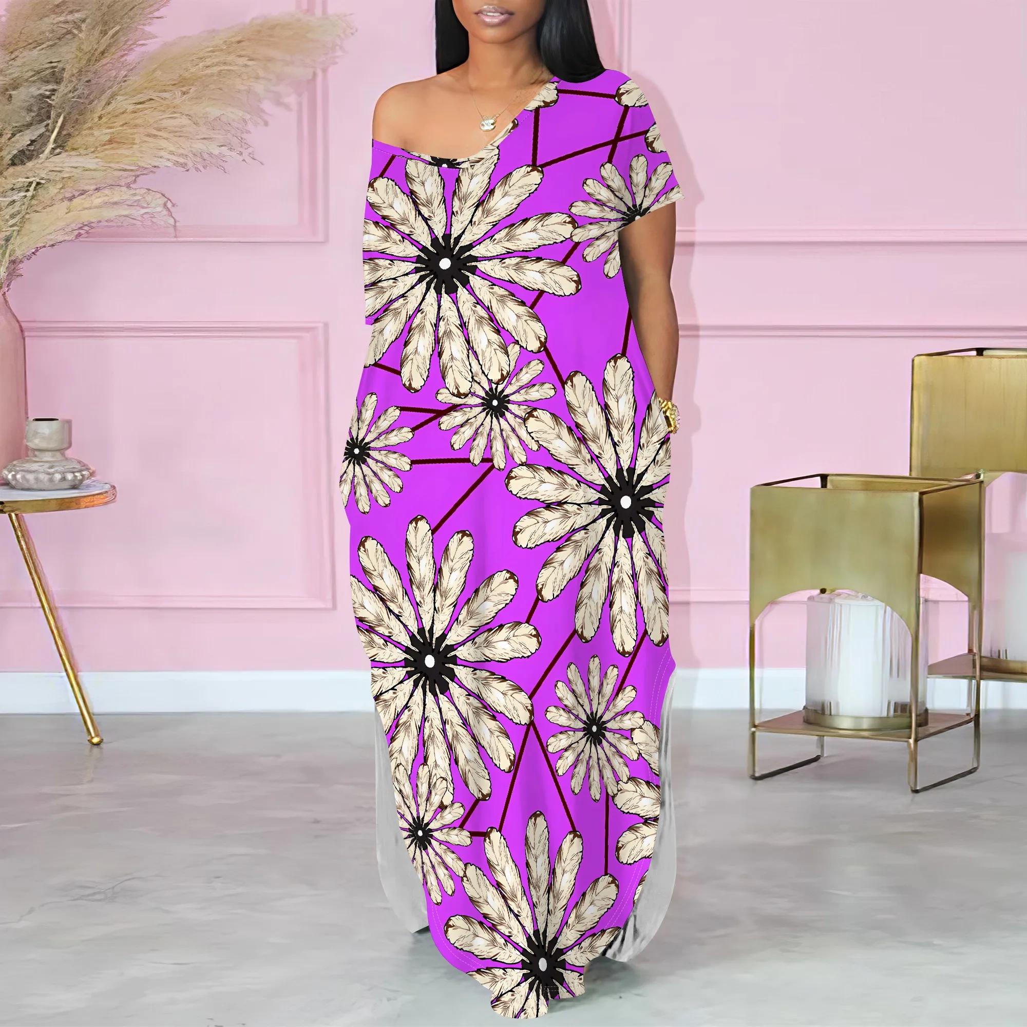 Women's Pullover Sexy Short Sleeve One-Shoulder V Neck Fashion Printed Summer Two-side Slits Casual Maxi Dresses With Pocket 
Women's Pullover Sexy Short Sleeve One-Shoulder V Neck Fashion Printed Summer Two-side Slits Casual Maxi Dresses With Pocket