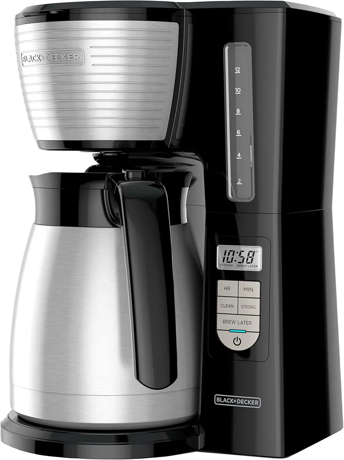 12-Cup Thermal Programmable Coffee maker, Brew Strength Selector, Auto-clean, Black and Silver
12-Cup Thermal Programmable Coffee maker, Brew Strength Selector, Auto-clean, Black and Silver