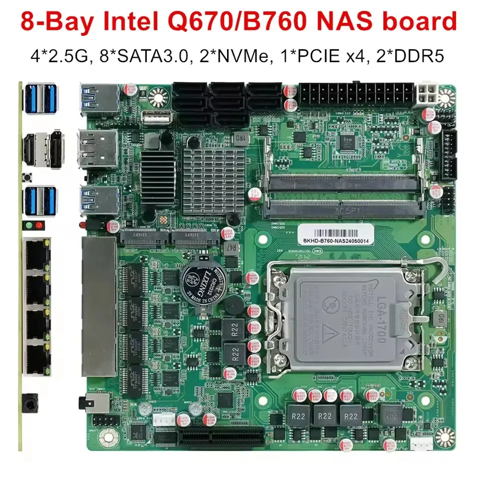 Topton Q670 B760 8-Bay NAS Motherboard Intel 12-14th LGA1700 2*NVMe 8*SATA 4*2.5G 1*PCIEX4 2*DDR5 Firewall Mini ITX Mainboard
Topton Q670 B760 8-Bay NAS Motherboard Intel 12-14th LGA1700 2*NVMe 8*SATA 4*2.5G 1*PCIEX4 2*DDR5 Firewall Mini ITX Mainboard
