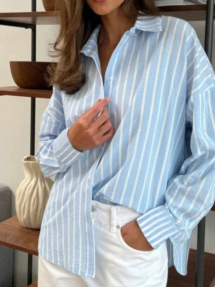 Casual Striped Shirt For Women Fashion Long Sleeve Turn-down Collar Button Shirts Tops Lady Elegant Office Womens Clothing New
Casual Striped Shirt For Women Fashion Long Sleeve Turn-down Collar Button Shirts Tops Lady Elegant Office Womens Clothing New