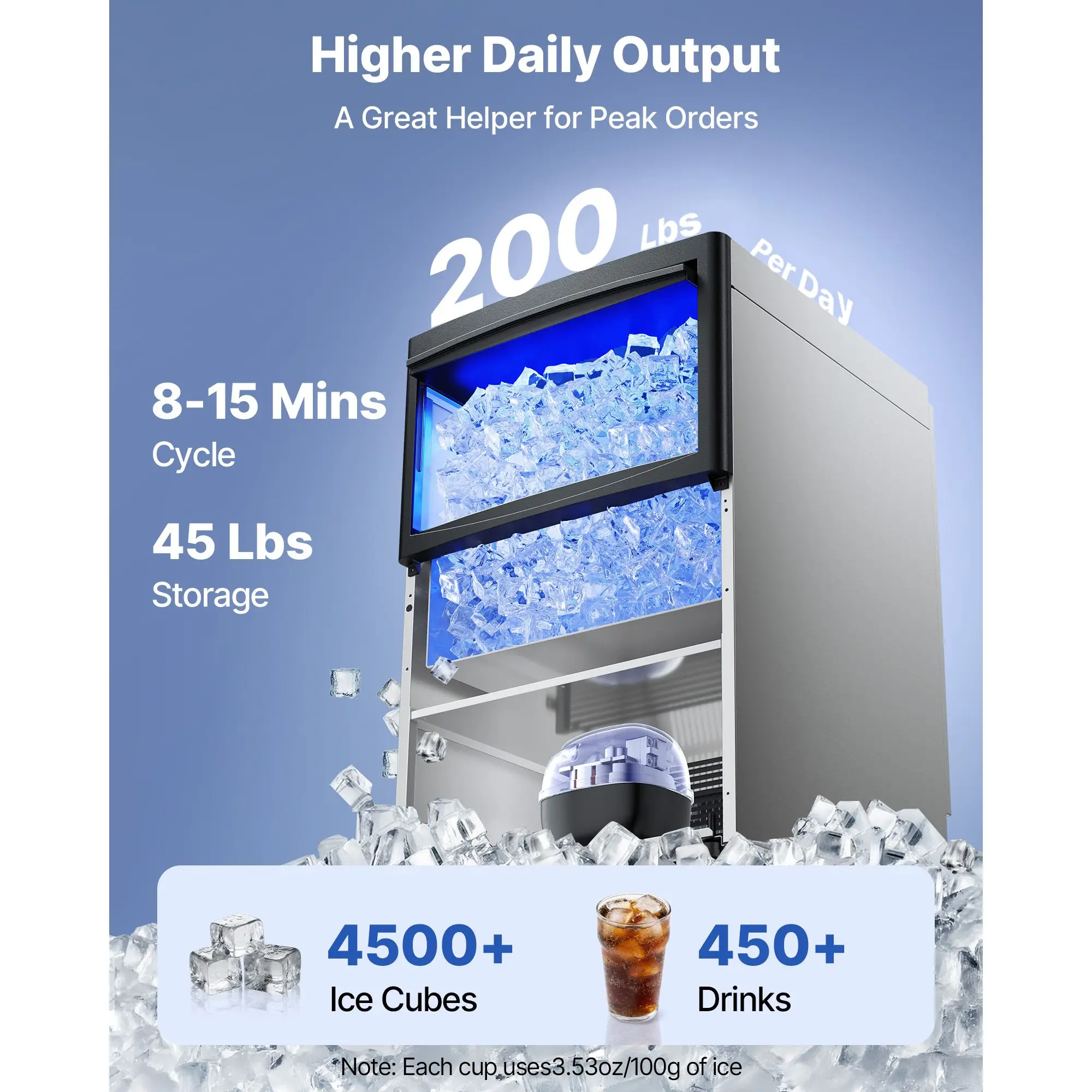 Commercial Ice Maker Machine, 200 lbs/24h with 50 lbs Storage Capacity, Built-in/Freestanding/Under Counter, Stainless Steel Ice Maker with LED Display & Self-Cleaning, for Home Bar Restaurant
Commercial Ice Maker Machine, 200 lbs/24h with 50 lbs Storage Capacity, Built-in/Freestanding/Under Counter, Stainless Steel Ice Maker with LED Display & Self-Cleaning, for Home Bar Restaurant