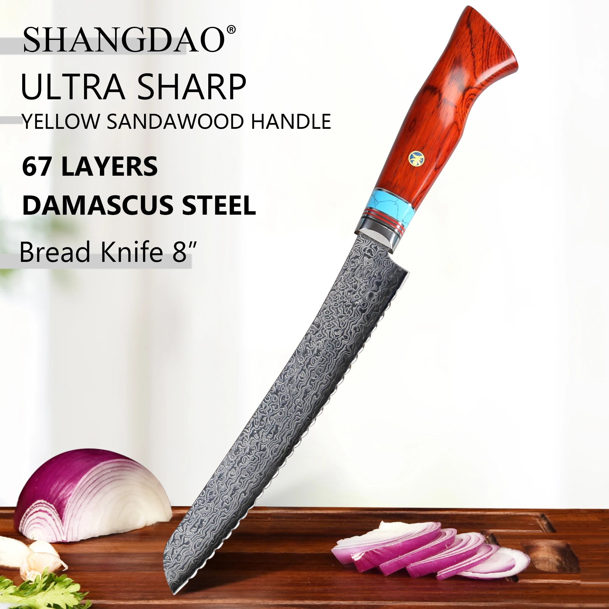 SHANGDAO Ergonomic Anti-slip Yellow Sandalwood Handle, 8 Inch Hand Forged High Hardness Damascus Steel Bread Slicing Knife
SHANGDAO Ergonomic Anti-slip Yellow Sandalwood Handle, 8 Inch Hand Forged High Hardness Damascus Steel Bread Slicing Knife