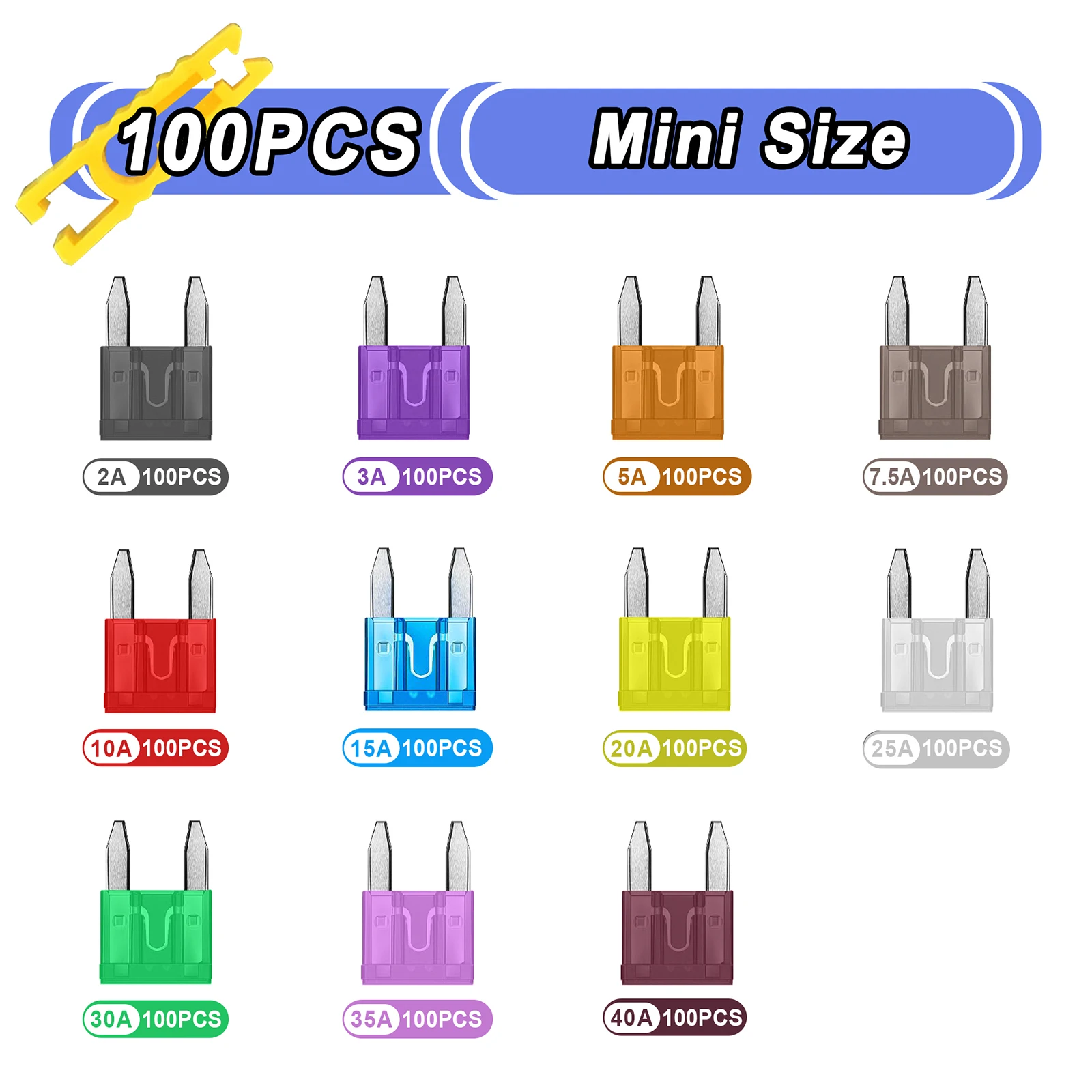 100PCS Mini Size Blade Fuses 2A/3A/5A/7.5A/10A/15A/20A/25A/30A/35A/40A Auto Fuses for ATO ATC Fuse Block & Inline Fuse Replace
100PCS Mini Size Blade Fuses 2A/3A/5A/7.5A/10A/15A/20A/25A/30A/35A/40A Auto Fuses for ATO ATC Fuse Block & Inline Fuse Replace