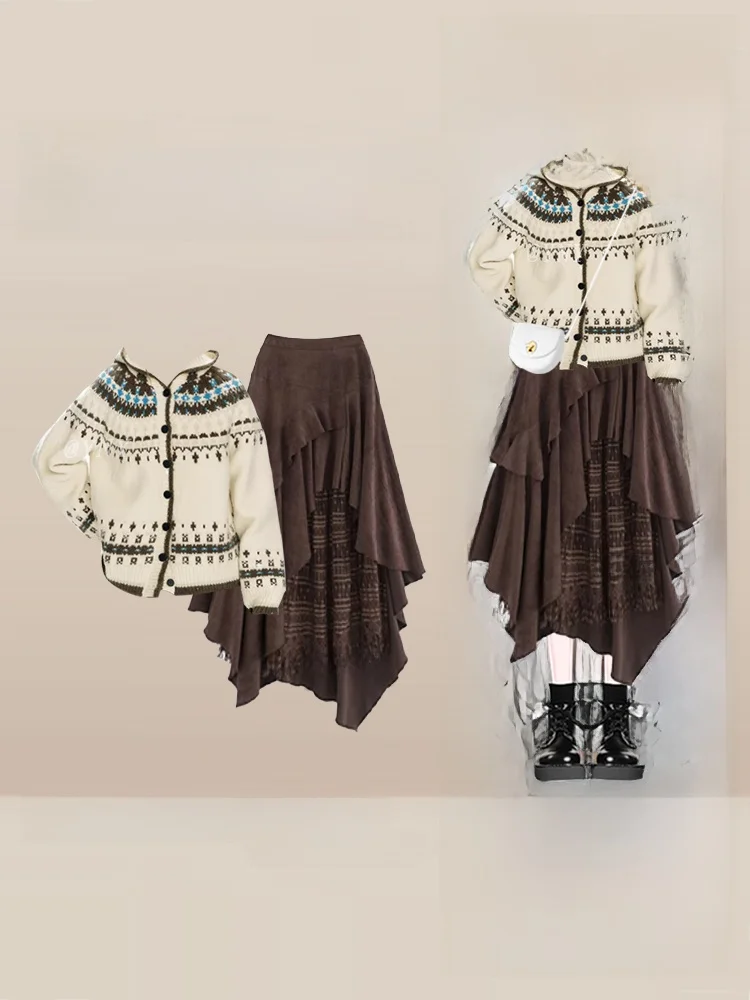 Retro Fair Isle Knitted Hat Sweater Women Loose Lazy Knitting Autumn Asymmetrical Skirt Set Casual Sle Long Sve
Retro Fair Isle Knitted Hat Sweater Women Loose Lazy Knitting Autumn Asymmetrical Skirt Set Casual Sle Long Sve