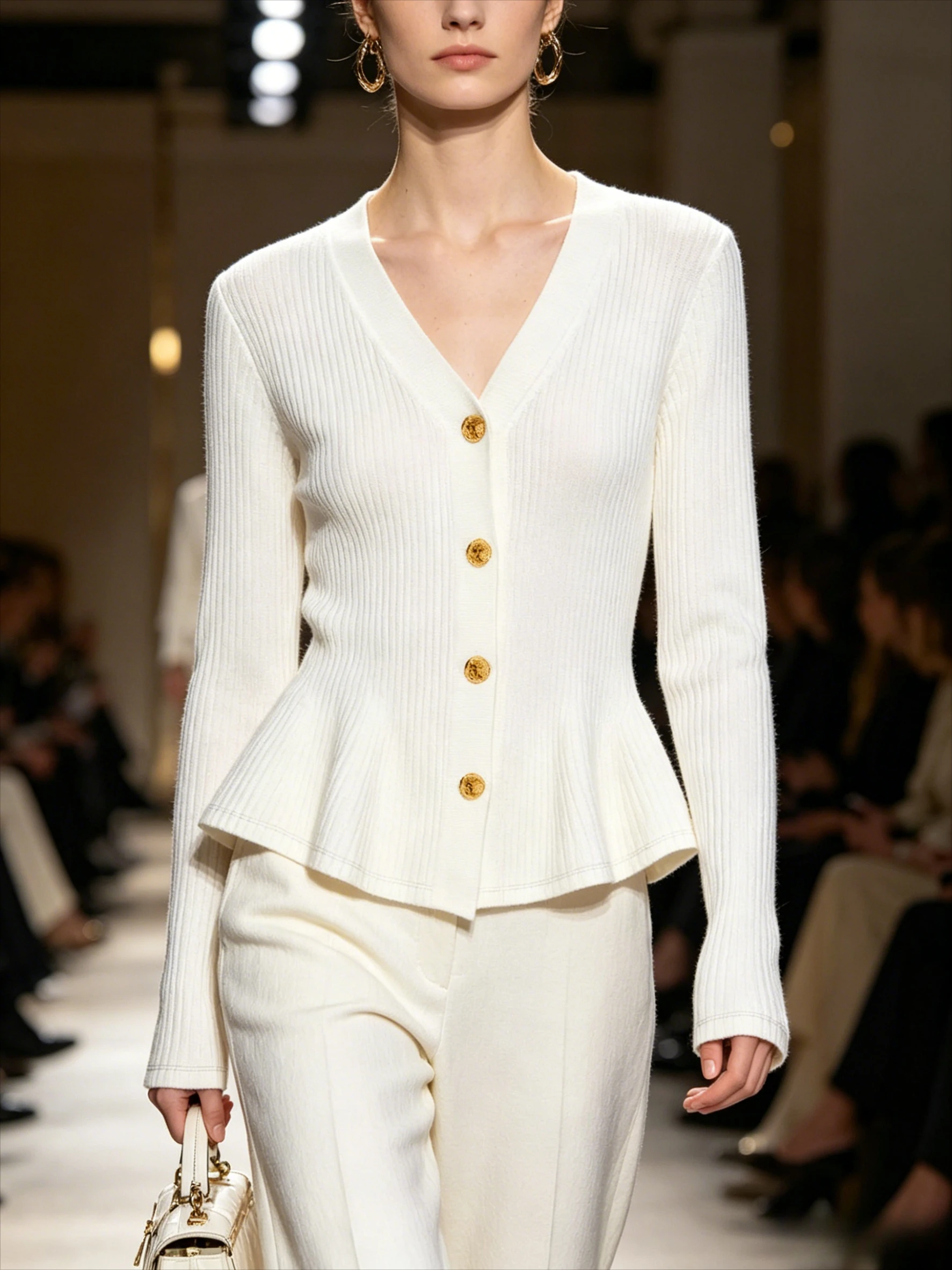 Elegant White Ribbed Knit Cardigan Gold Button V-Neck Peplum Hem Chic Office Commute Wear
Elegant White Ribbed Knit Cardigan Gold Button V-Neck Peplum Hem Chic Office Commute Wear