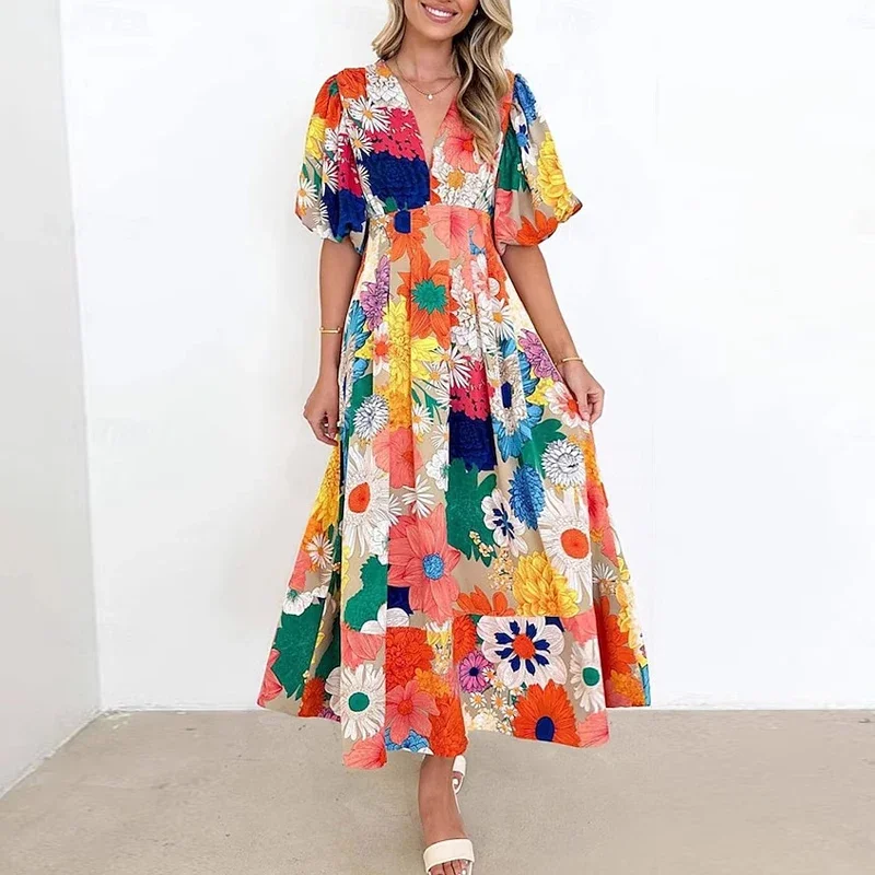 Office Fashion Puff Sleeve Floral Print Long Dress Women Sexy V-Neck High Waist A-line Dress Chic Summer Pleat Female Dresses
Office Fashion Puff Sleeve Floral Print Long Dress Women Sexy V-Neck High Waist A-line Dress Chic Summer Pleat Female Dresses