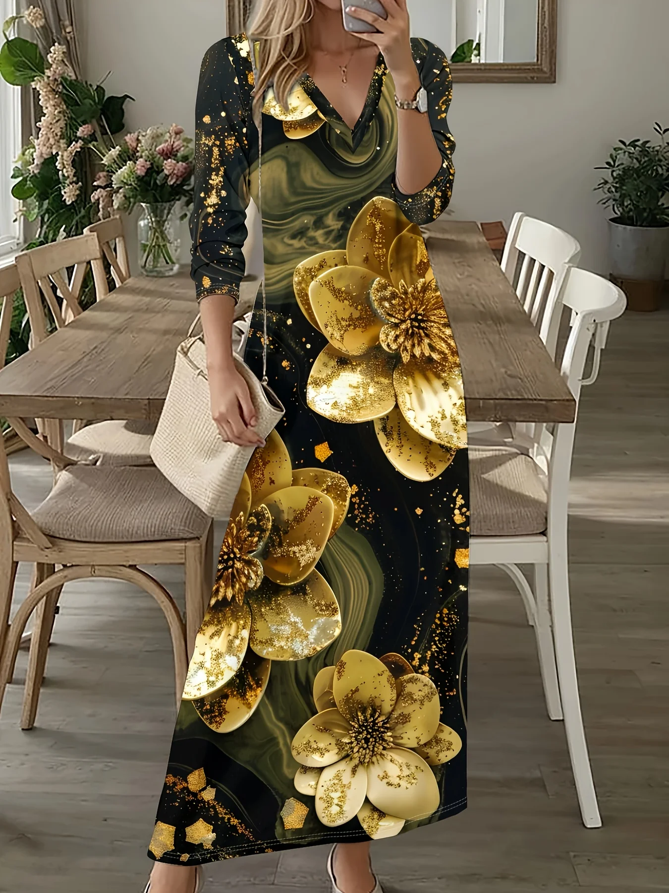 Golden Floral Abstract Pattern Print Printed Design elegant style long-sleeved dress
Golden Floral Abstract Pattern Print Printed Design elegant style long-sleeved dress