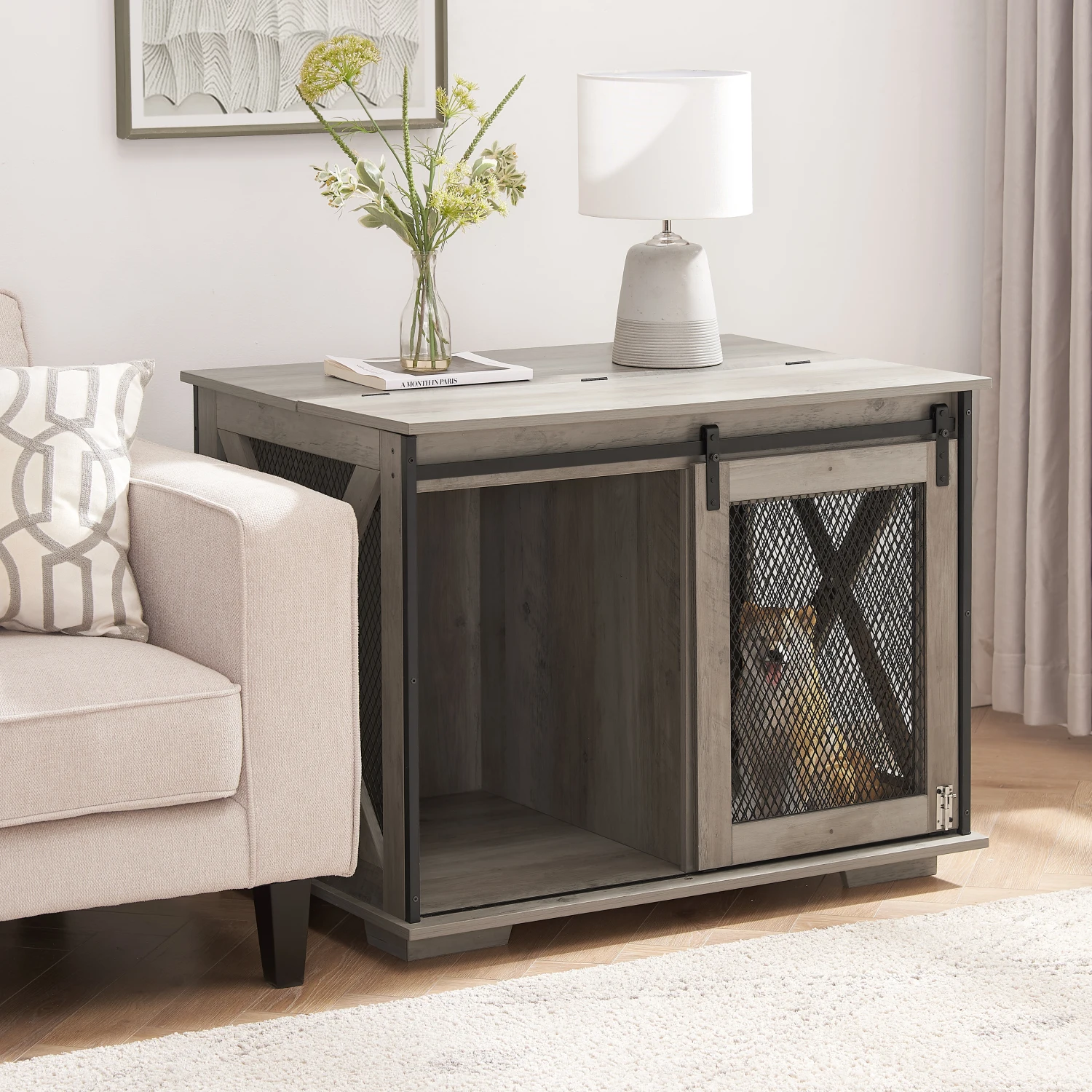 Farmhouse Dog Cage Crate Furniture with Sliding Barn Door, Farmhouse Wooden Dog Kennel End Table with Flip-top Plate Dog House w
Farmhouse Dog Cage Crate Furniture with Sliding Barn Door, Farmhouse Wooden Dog Kennel End Table with Flip-top Plate Dog House w