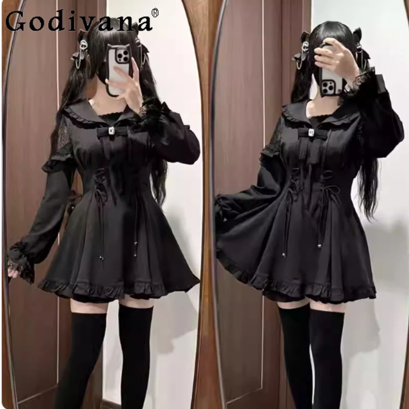 Large Size Spring Autumn Sweet Black Sailor Collar Long Sleeve Japanese Dress Shorts High Waist A-line Bow Age Reduction Sets
Large Size Spring Autumn Sweet Black Sailor Collar Long Sleeve Japanese Dress Shorts High Waist A-line Bow Age Reduction Sets