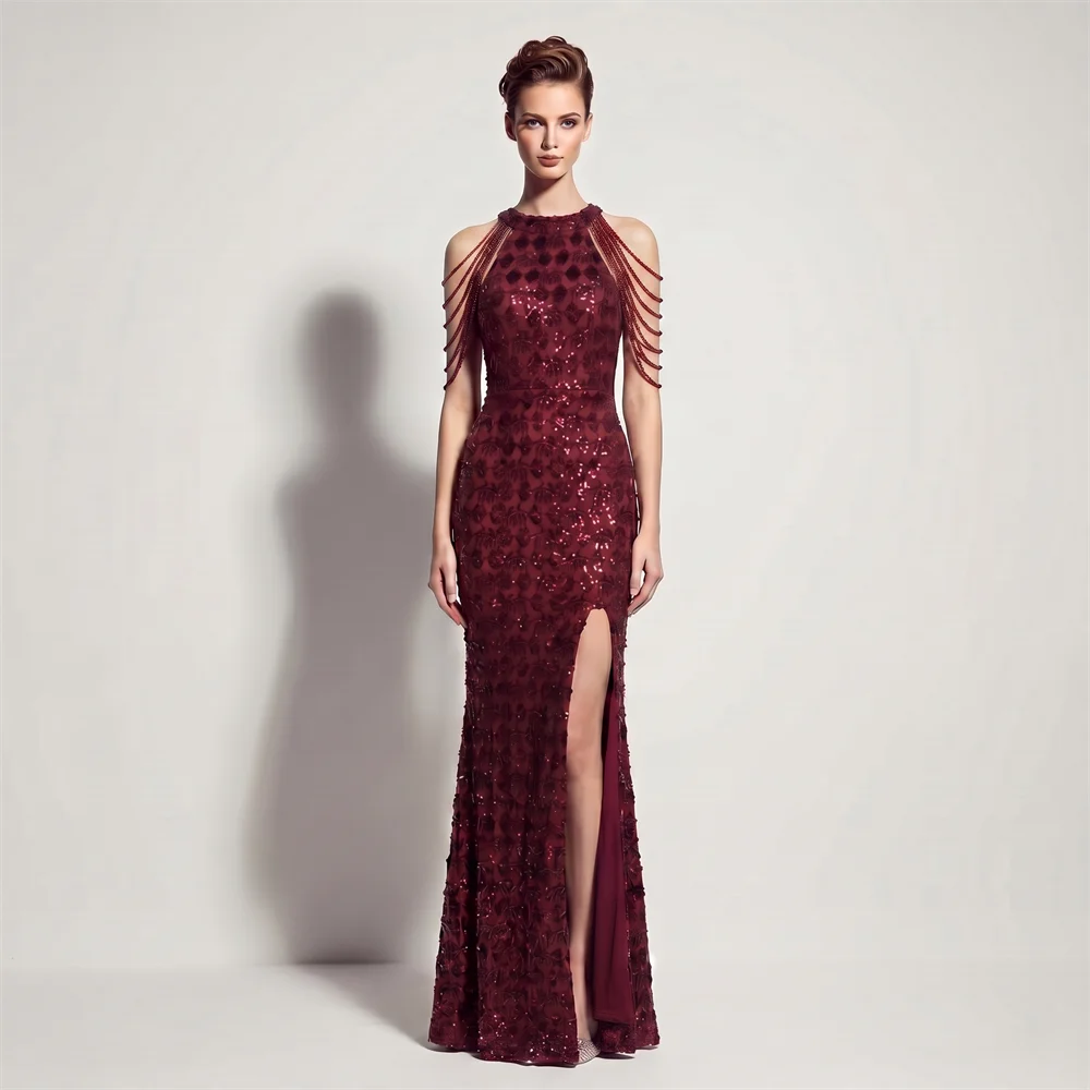 Elegant Wine Red Evening Dresses for Special Occasions Beads Elegant Party Dresses Sequin Slit Round Neck Prom Dress
Elegant Wine Red Evening Dresses for Special Occasions Beads Elegant Party Dresses Sequin Slit Round Neck Prom Dress