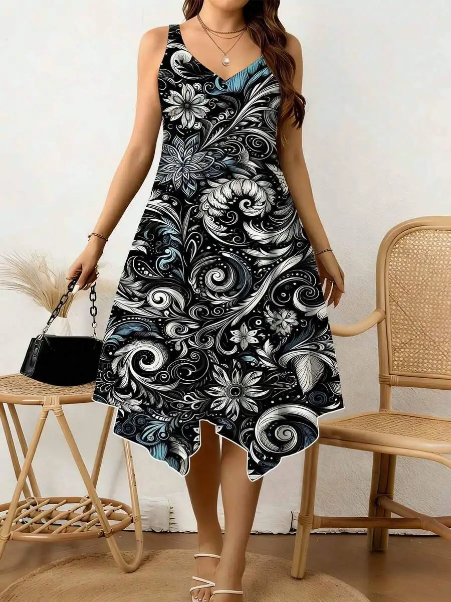 Women V Neck Irregular Hem Dress Black White Blue Floral Swirl Print Bohemian Summer Casual Beach Holiday
Women V Neck Irregular Hem Dress Black White Blue Floral Swirl Print Bohemian Summer Casual Beach Holiday