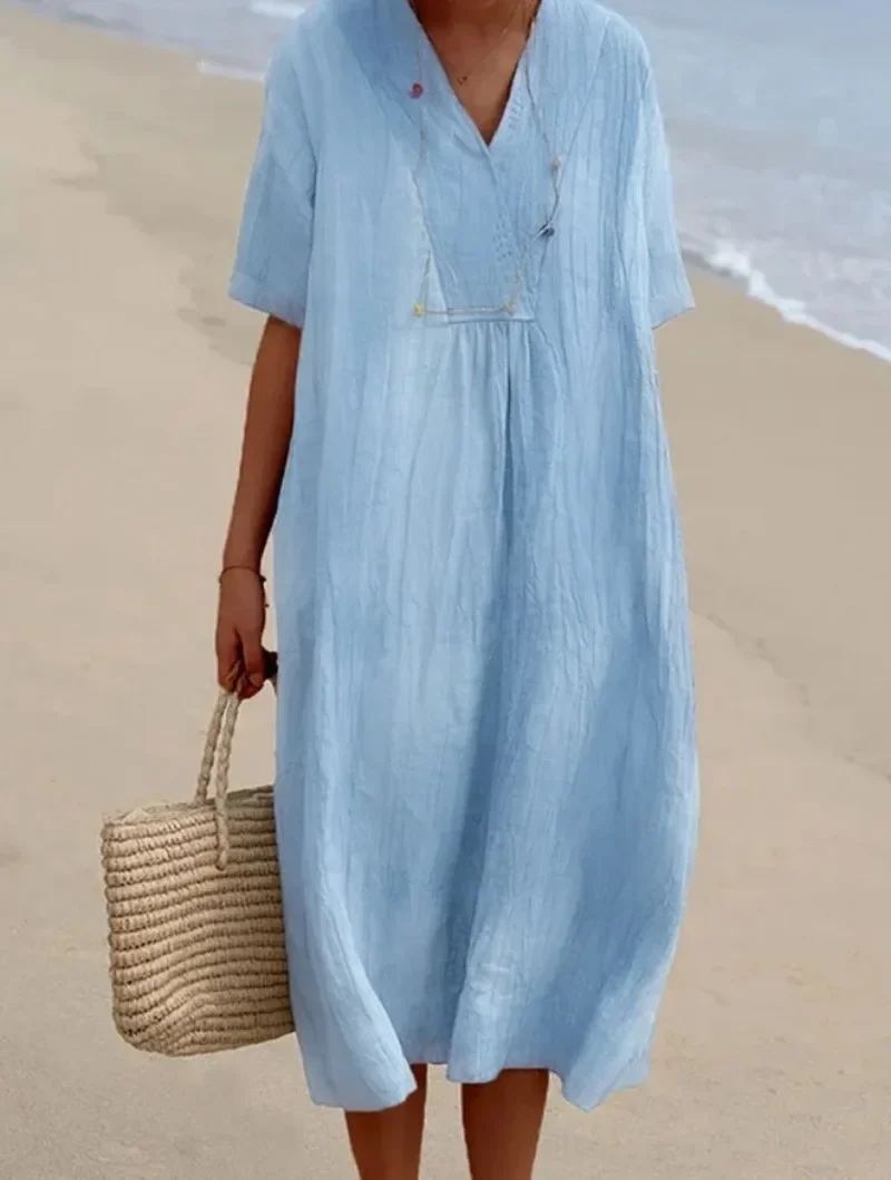 Summer Loose Big Hem Dresses Women Elegant Solid Color Cotton Linen V Neck Pullover Ladies Daily Casual Short Sleeve Gown Платье
Summer Loose Big Hem Dresses Women Elegant Solid Color Cotton Linen V Neck Pullover Ladies Daily Casual Short Sleeve Gown Платье