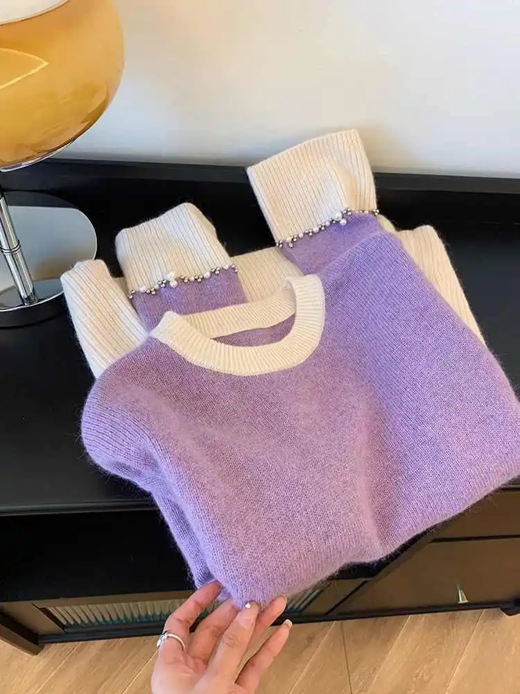 French Beading Long Sleeve Knitwear Women Spring Autumn Purple O-neck Contrast Color Bottom Sweater Female Pullover Knitshirts
French Beading Long Sleeve Knitwear Women Spring Autumn Purple O-neck Contrast Color Bottom Sweater Female Pullover Knitshirts