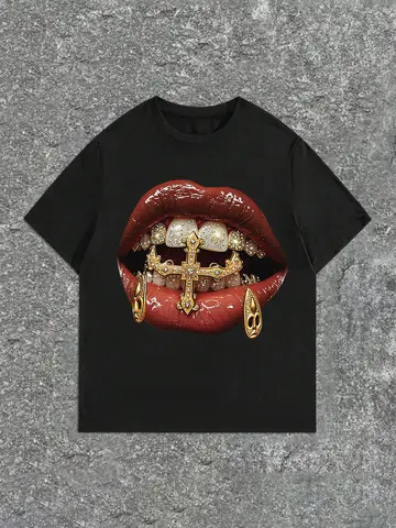Men Women Y2K Golden Lips & Teeth Graphic Print Cotton T-Shirt Casual Loose Fit Short Sleeve Top Summer Vintage Round Neck Tee