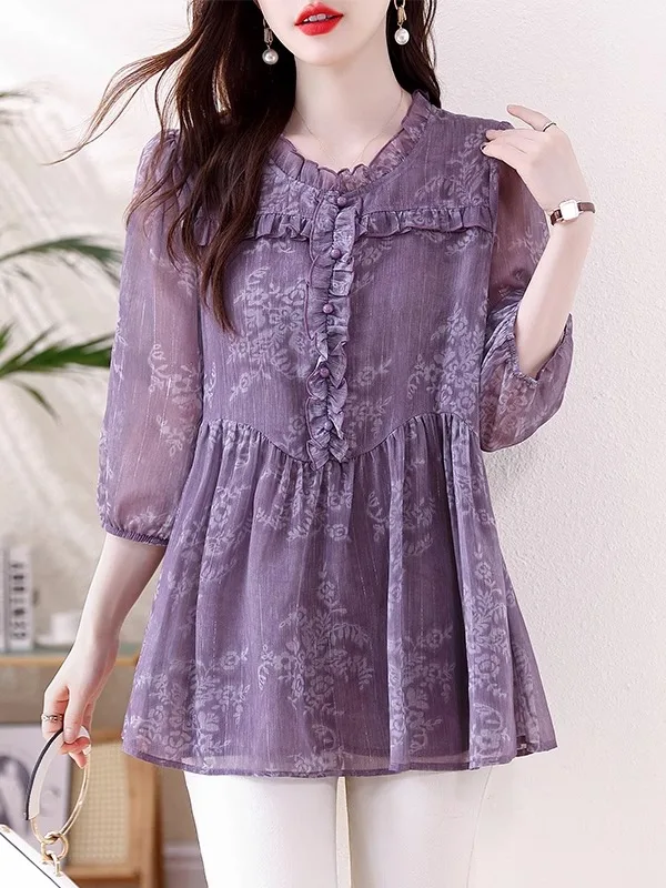 Fashionable Three-Quarter Sleeve Chiffon Shirt Women's Summer New Style Beautiful Purple Top Skirt Hemming Belly Covering
Fashionable Three-Quarter Sleeve Chiffon Shirt Women's Summer New Style Beautiful Purple Top Skirt Hemming Belly Covering