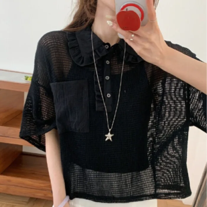2026 Summer New Korean Style Hollow out Lace Collar Short Sleeve Doll Neck Shirt Women's Top with Vest Polyester Fiber
2026 Summer New Korean Style Hollow out Lace Collar Short Sleeve Doll Neck Shirt Women's Top with Vest Polyester Fiber