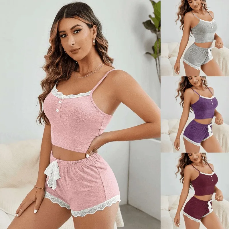 Romantic Women Nightwear Suspender Shorts Lace Sexy Suit Solid Color Sleeveless Vest Loungewear Two-Piece Set Summer Pajamas
Romantic Women Nightwear Suspender Shorts Lace Sexy Suit Solid Color Sleeveless Vest Loungewear Two-Piece Set Summer Pajamas