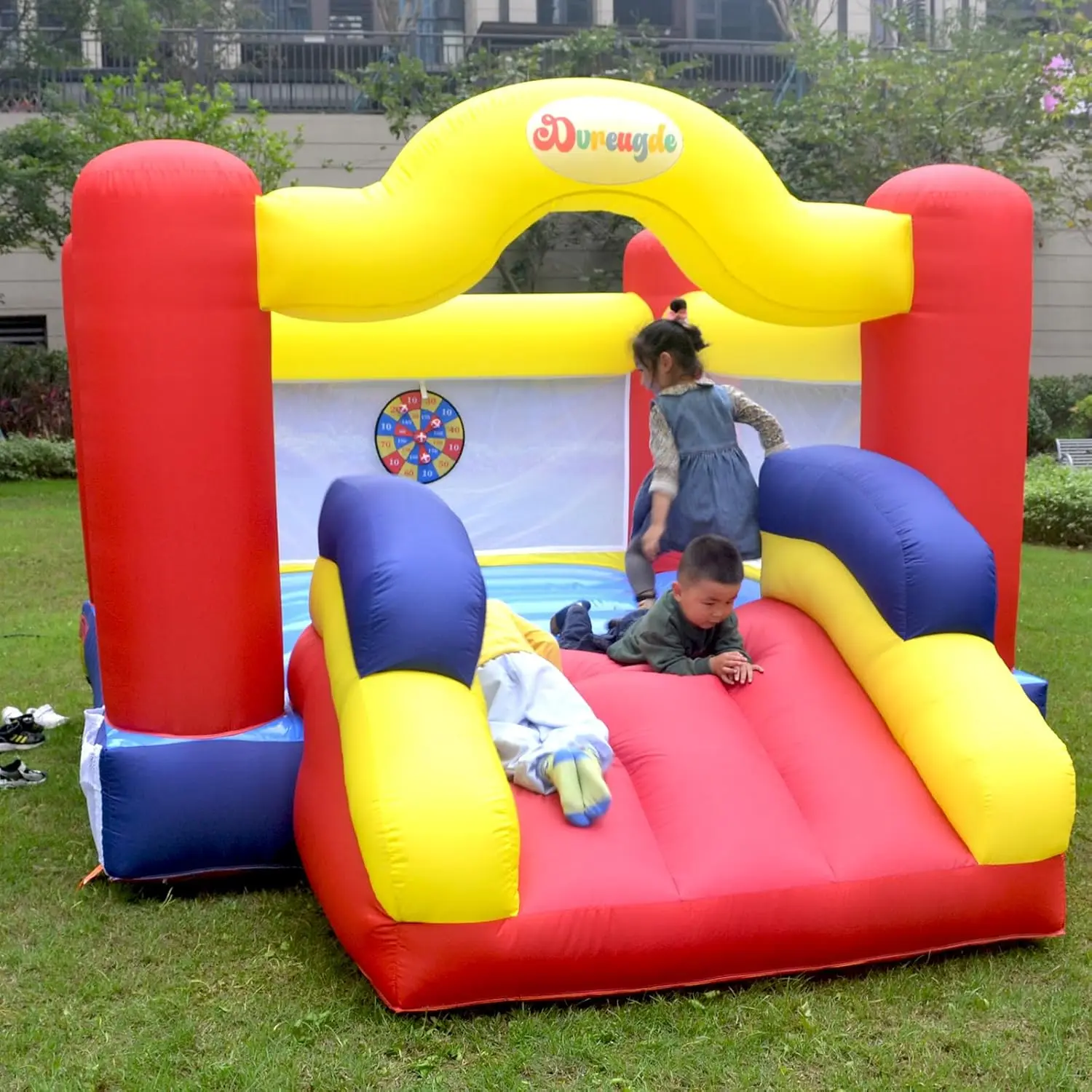 Outdoor Play Bounce House with Slide Inflatable Bouncer Backyard Playground Sets with Blower, Dart Target Game for Kids
Outdoor Play Bounce House with Slide Inflatable Bouncer Backyard Playground Sets with Blower, Dart Target Game for Kids