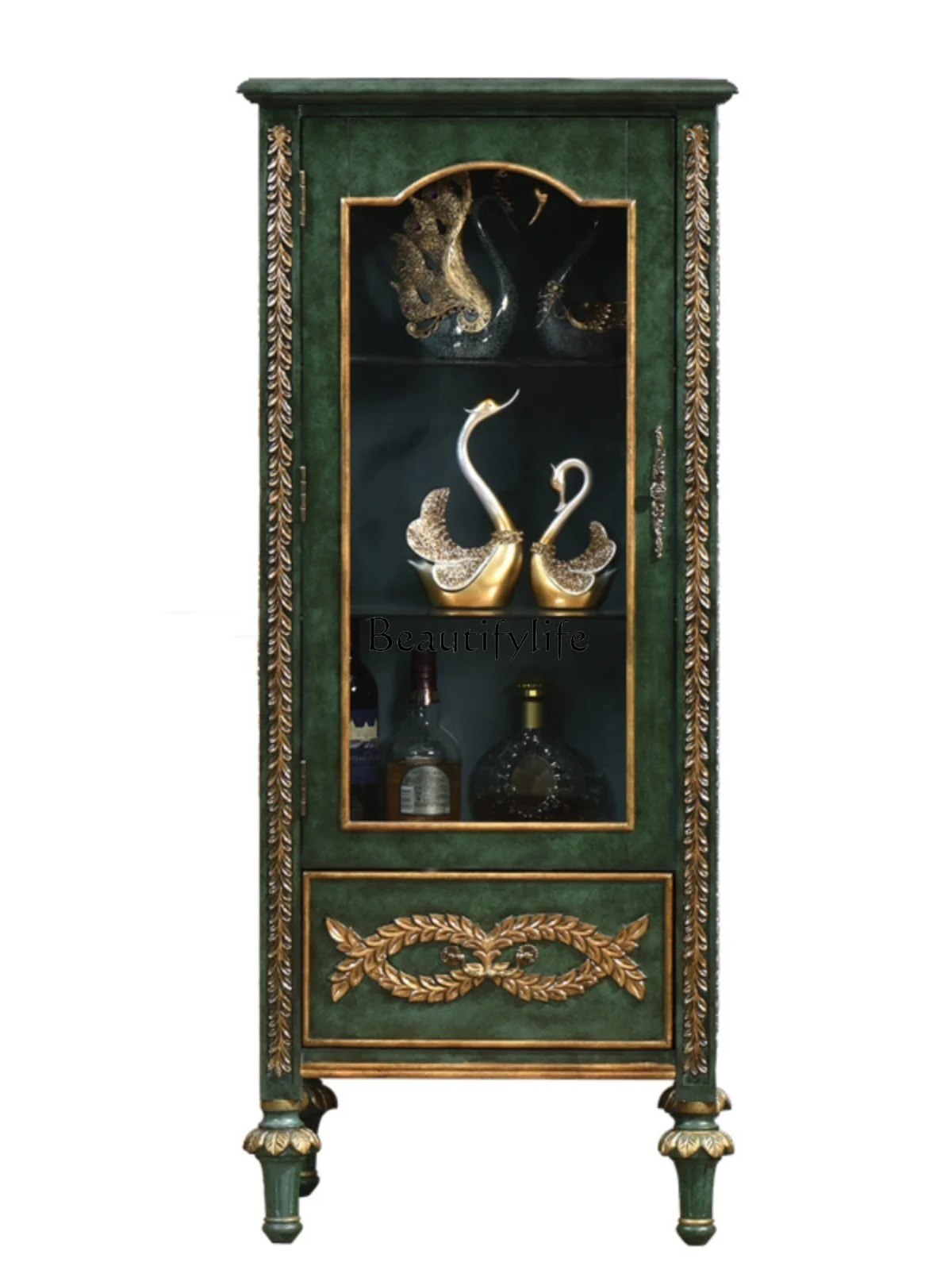 American Solid Wood Tall Wine Cabinet Single Door Storage Vintage Glass Door Peacock Green Living Room Side Cabinet
American Solid Wood Tall Wine Cabinet Single Door Storage Vintage Glass Door Peacock Green Living Room Side Cabinet