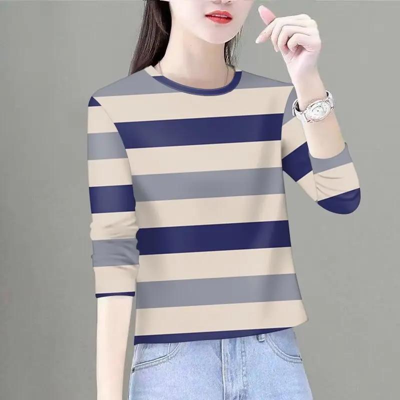 Casual Striped Long Sleeve T-Shirt Women's round Neck Loose Slimming Belly Covering Versatile Base Layer Top
Casual Striped Long Sleeve T-Shirt Women's round Neck Loose Slimming Belly Covering Versatile Base Layer Top