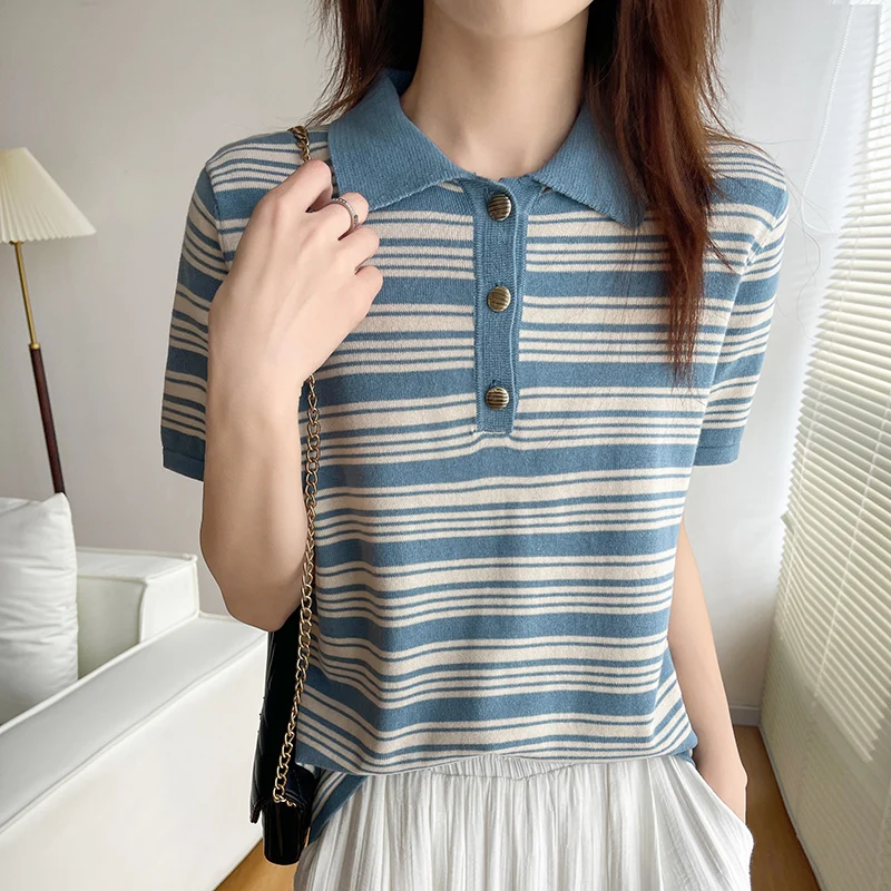Summer New Women's T-shirt 100% Cotton Sweater Short Sleeve Striped Knitted Collar Women's Button Top Loose Fashion Pullover
Summer New Women's T-shirt 100% Cotton Sweater Short Sleeve Striped Knitted Collar Women's Button Top Loose Fashion Pullover
