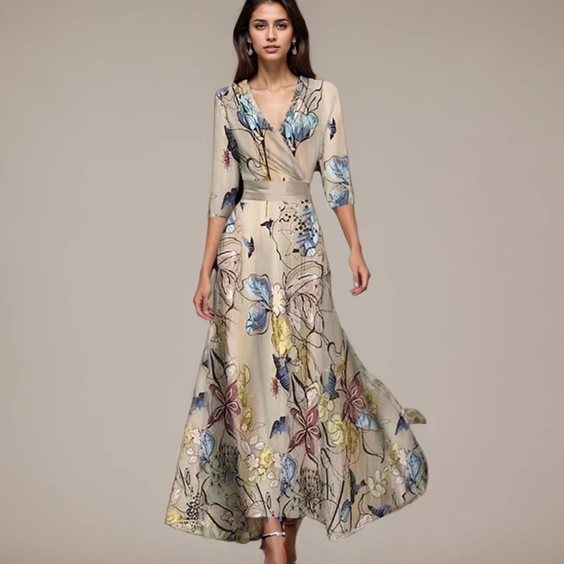 Summer A-Line Long Dresses Elegant Women's Retro Printed Three Quarter Sleeve Vestido Fashion Slim Fit Draped Ankle-Length Dress
Summer A-Line Long Dresses Elegant Women's Retro Printed Three Quarter Sleeve Vestido Fashion Slim Fit Draped Ankle-Length Dress