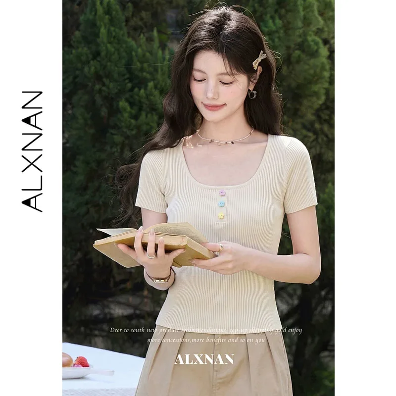 ALXNAN Women's Knit Short Sleeve T-shirt Square Neck Colorful Floral Buttons Vertical Rib Summer Tees Casual Elegant Top L63691A
ALXNAN Women's Knit Short Sleeve T-shirt Square Neck Colorful Floral Buttons Vertical Rib Summer Tees Casual Elegant Top L63691A