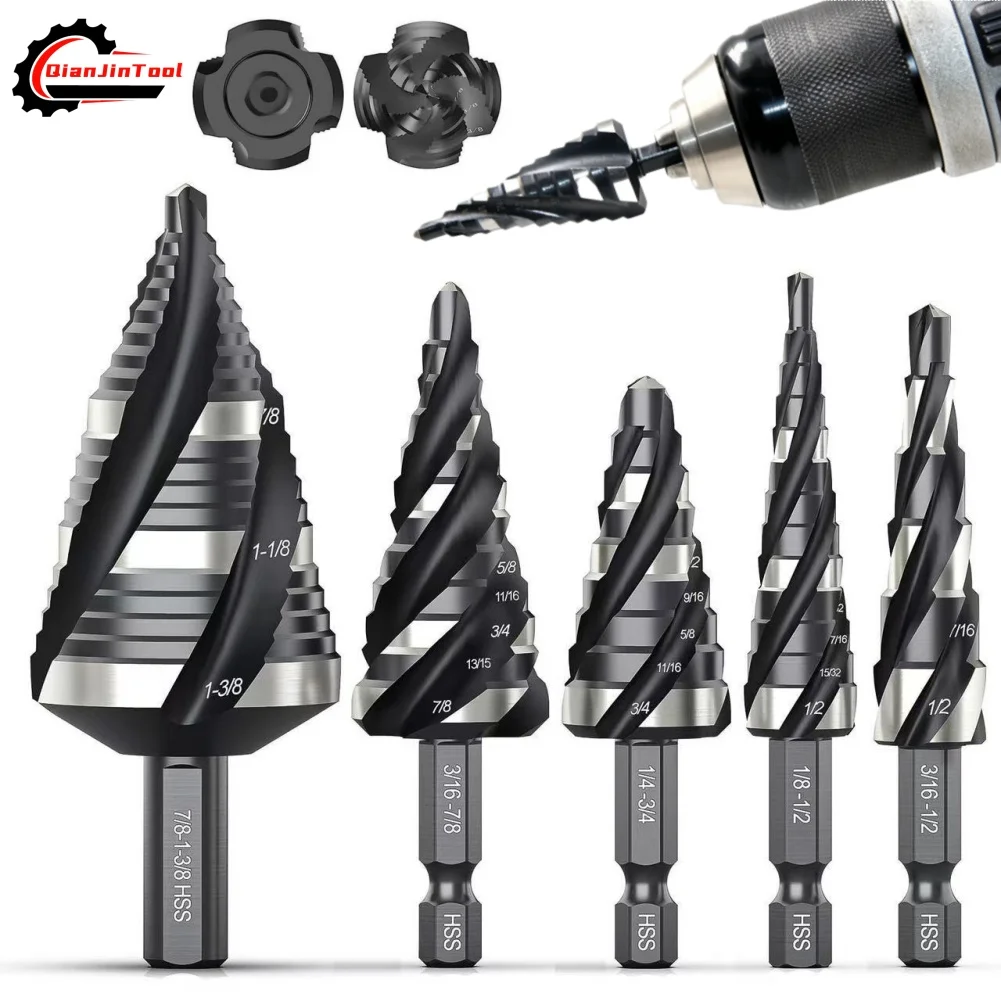 5Pcs Step Drill Bit Set Spiral 4 Flute Step Bits 1/8"-1-3/8" Hole Opener Wood Aluminum Metal Sheet Core Woodworking Tool
5Pcs Step Drill Bit Set Spiral 4 Flute Step Bits 1/8"-1-3/8" Hole Opener Wood Aluminum Metal Sheet Core Woodworking Tool