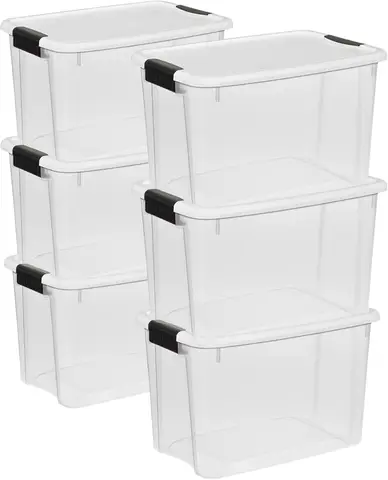 6-Pack Ultra Latching Box, Storage Bins with Lids, Clear Plastic, 30 Quart - Heavy-Duty Organizing Containers for Closet