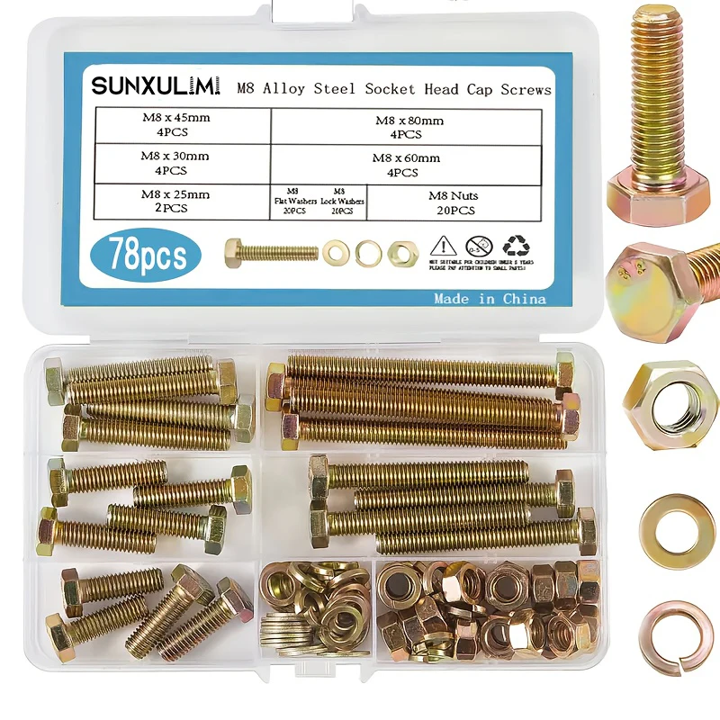 78-Piece M8 Bolt and Nut Set, 5 Sizes, Includes Washers, Boxed, Suitable for Various Applications, Easy to Access
78-Piece M8 Bolt and Nut Set, 5 Sizes, Includes Washers, Boxed, Suitable for Various Applications, Easy to Access