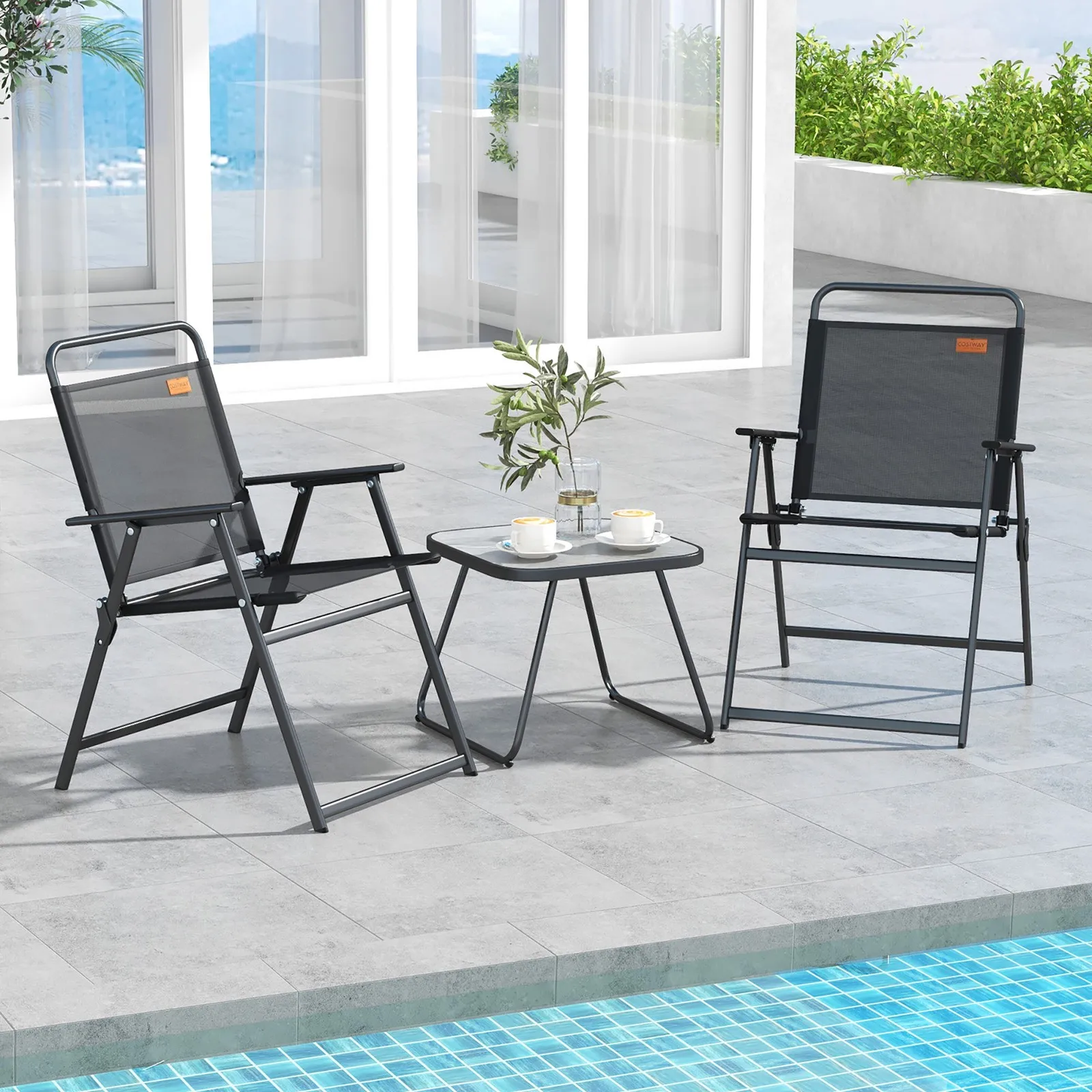 3-Piece Patio Bistro Set Outdoor Folding Chairs & Table Set Black
3-Piece Patio Bistro Set Outdoor Folding Chairs & Table Set Black