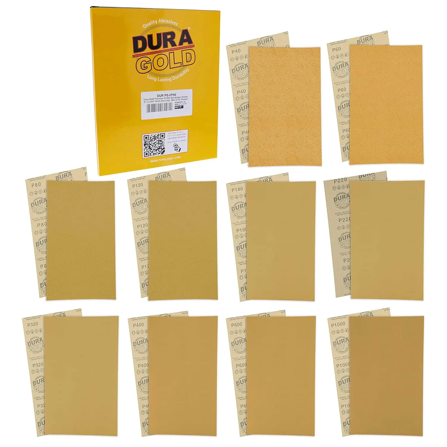 40 Pack Gold Sandpaper Sheets 5x2.75 Inch, 10 Grits 60-600, Hook and Loop Backing for Woodworking and Automotive Sanding
40 Pack Gold Sandpaper Sheets 5x2.75 Inch, 10 Grits 60-600, Hook and Loop Backing for Woodworking and Automotive Sanding