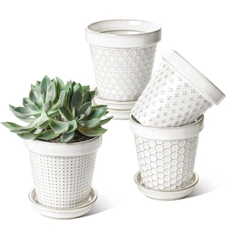 Ceramic Plant Pots, .9 Flower Pots with Drainage Hole and Saucer, Embossed Planter Pots for Indoor Plant Succulent, Orchid, Cac
Ceramic Plant Pots, .9 Flower Pots with Drainage Hole and Saucer, Embossed Planter Pots for Indoor Plant Succulent, Orchid, Cac
