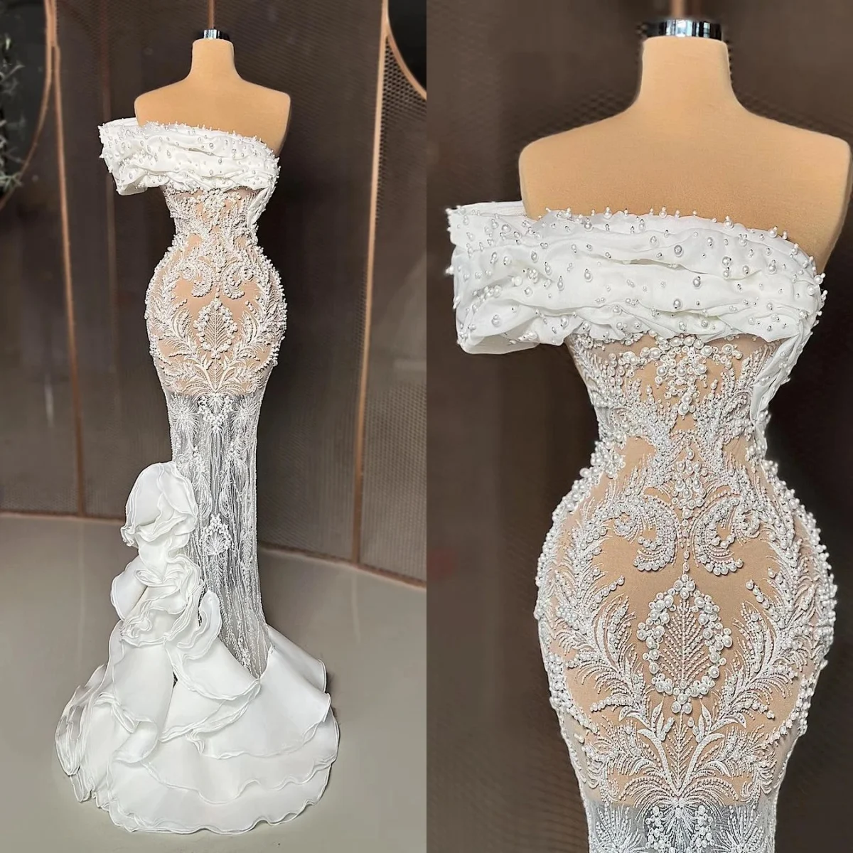 Modest Strapless Mermaid Wedding Dresses Pearls One Shoulder Bridal Gowns Tiered Ruffles Vestidos De Novia De Customized
Modest Strapless Mermaid Wedding Dresses Pearls One Shoulder Bridal Gowns Tiered Ruffles Vestidos De Novia De Customized