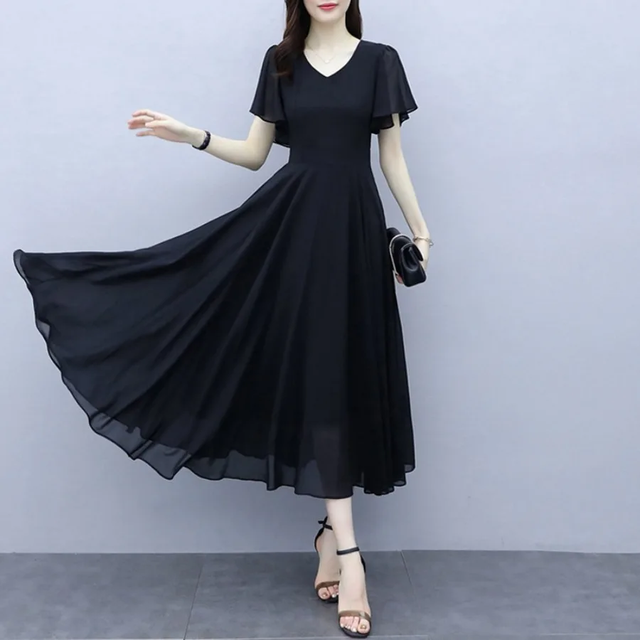 【New Arrival】Black Chiffon Midi Dress, V-Neck with Flutter Short Sleeves, Casual & Office Wear
【New Arrival】Black Chiffon Midi Dress, V-Neck with Flutter Short Sleeves, Casual & Office Wear