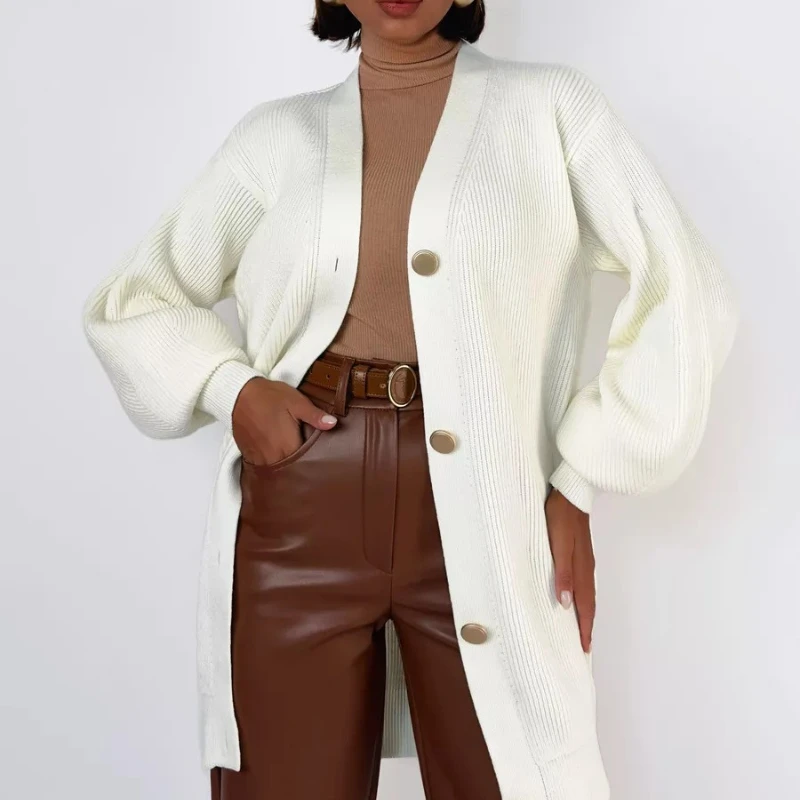 Long Knitted Cardigan Loose V-neck Metal Button Sweater Women's Coat in Autumn and Winter
Long Knitted Cardigan Loose V-neck Metal Button Sweater Women's Coat in Autumn and Winter