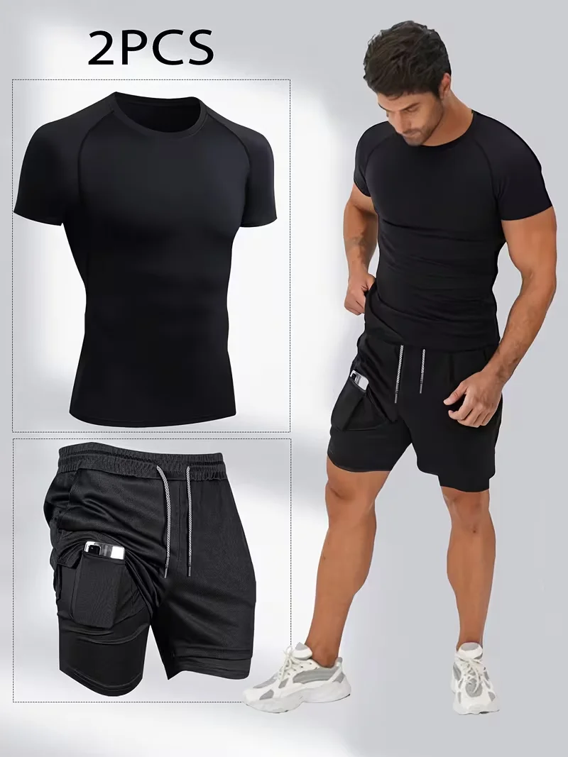 New men's slim fit suit quick drying round neck quick drying sports T-shirt+double-layer pants gym running hiking football sport
New men's slim fit suit quick drying round neck quick drying sports T-shirt+double-layer pants gym running hiking football sport