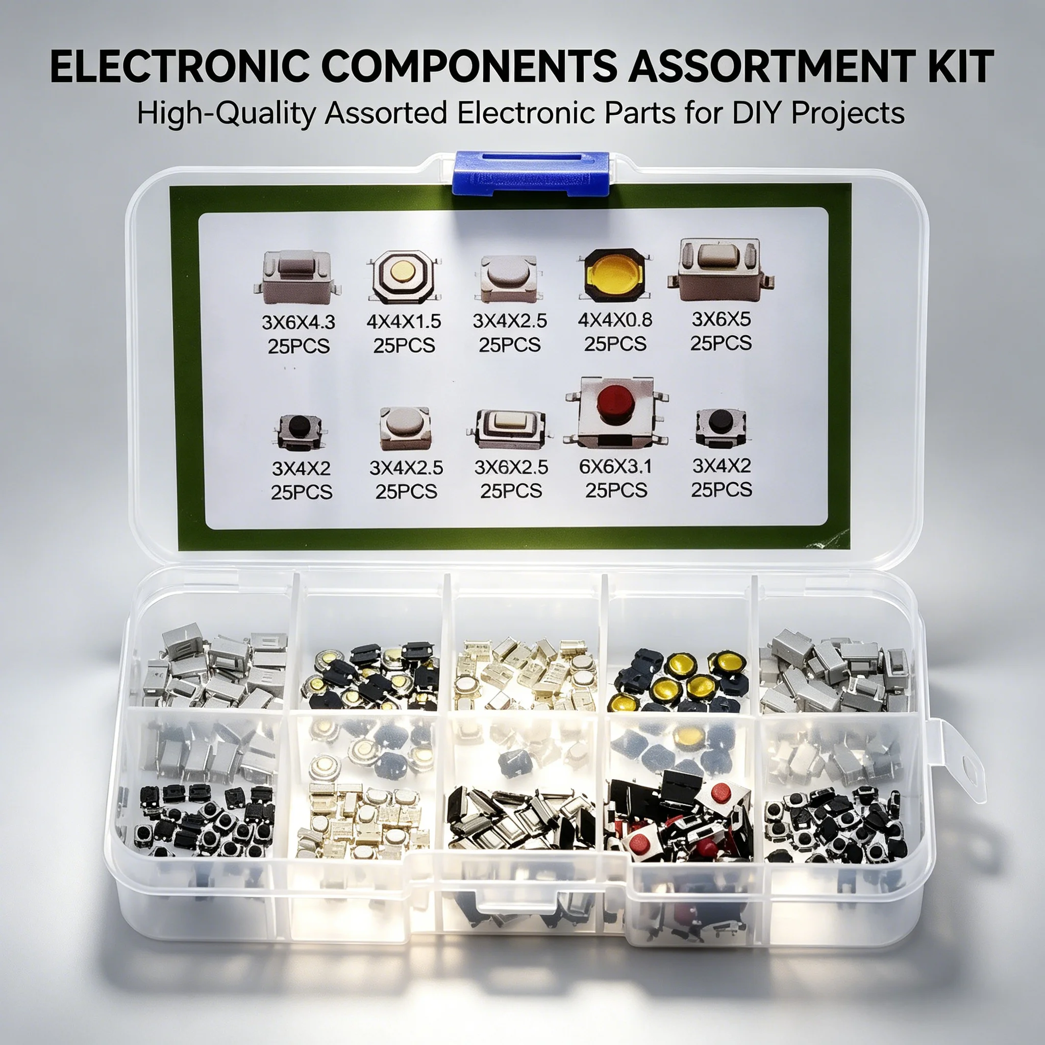 250PCS 10 Values Tactile Push Button Switch Assorted Kit SMD Momentary Micro Switch for Car Electronic Household Appliance Repla
250PCS 10 Values Tactile Push Button Switch Assorted Kit SMD Momentary Micro Switch for Car Electronic Household Appliance Repla