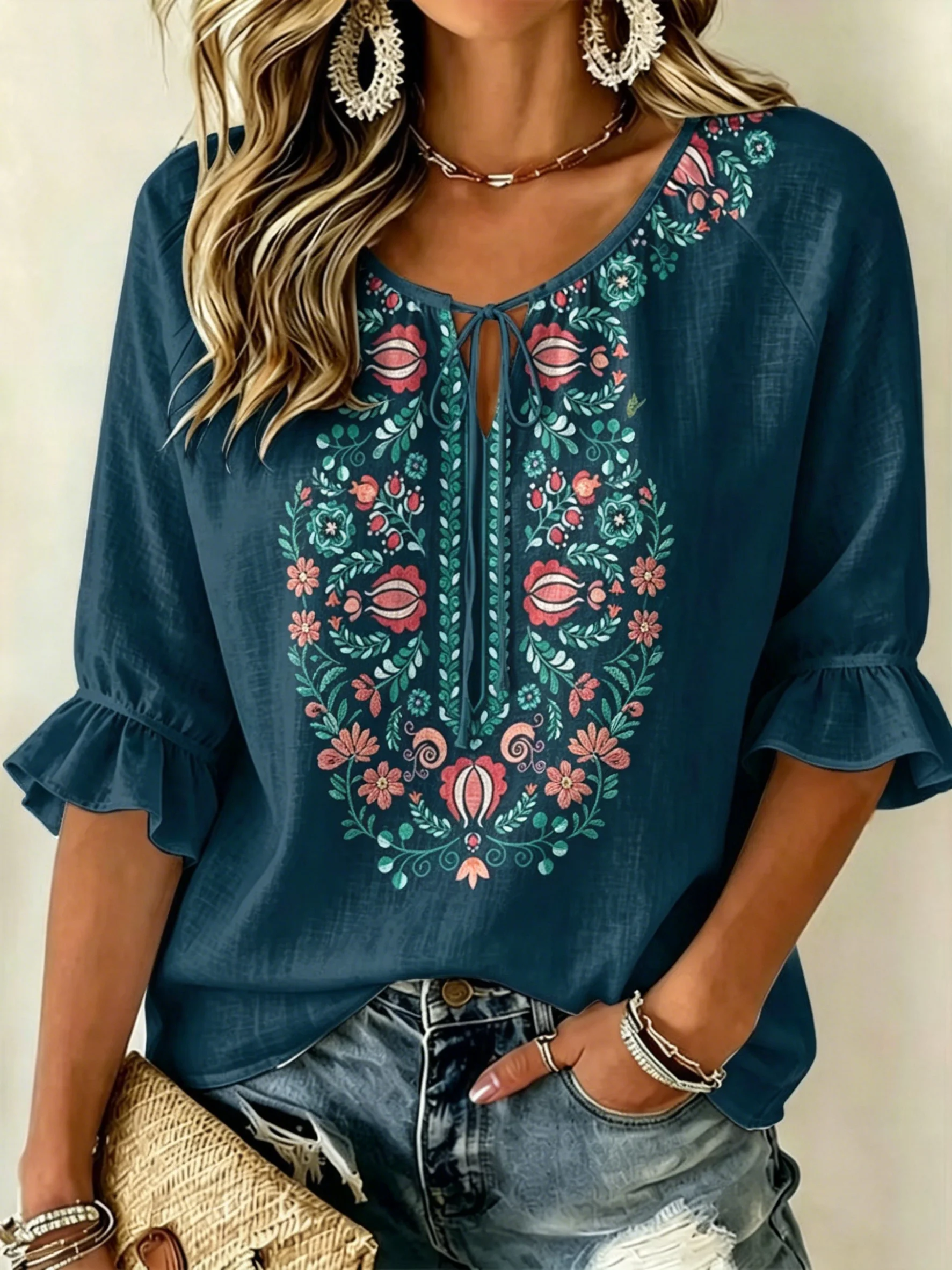 Women's Spring Summer Casual Blouse, Teal Boho Floral Print Tops for Daily Street Holiday Dating & Leisure Outfit
Women's Spring Summer Casual Blouse, Teal Boho Floral Print Tops for Daily Street Holiday Dating & Leisure Outfit
