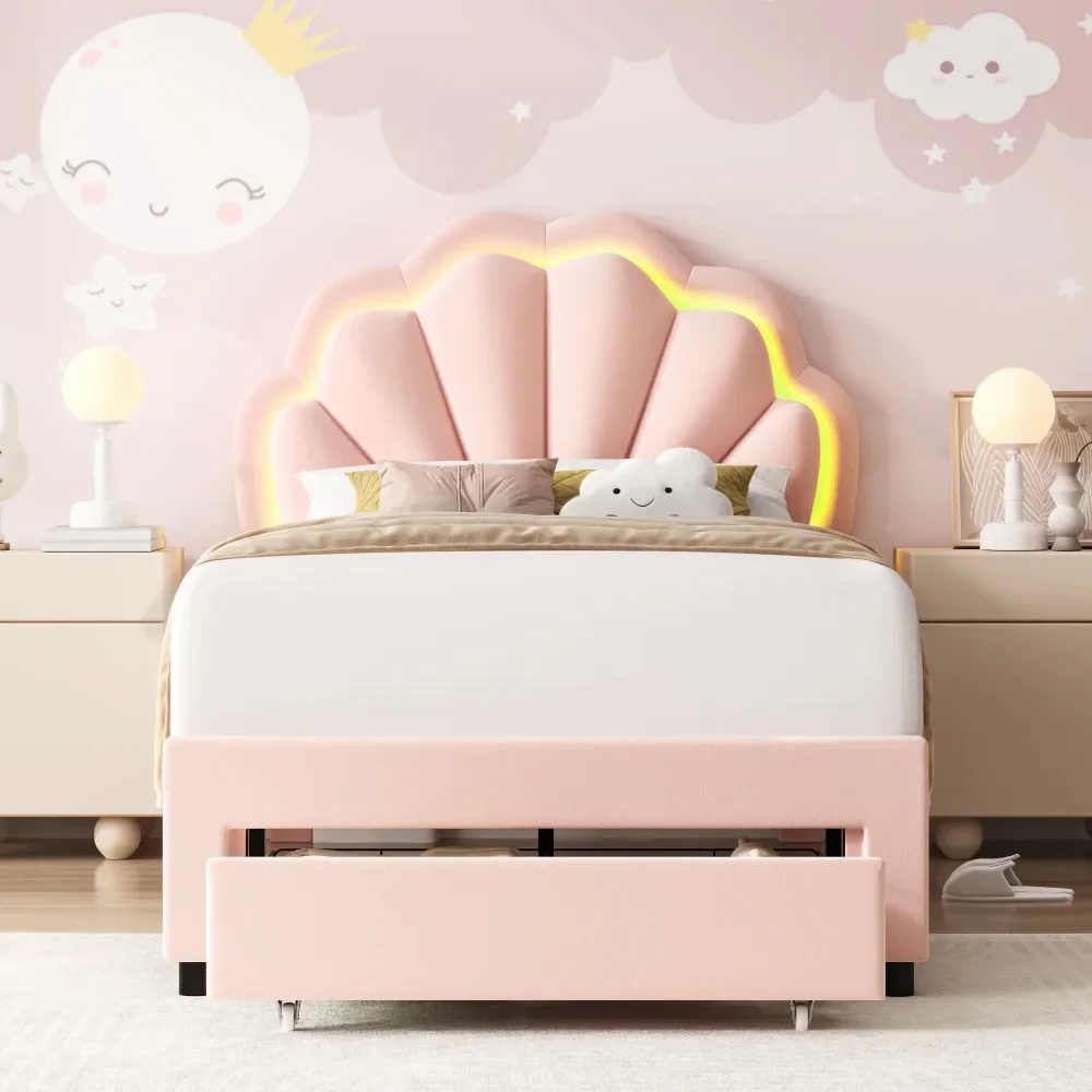 Modern Twin Size LED Bed Frame with Drawer, Velvet Upholstered Platform Bed with Adjustable Petal Headboard for Kid
Modern Twin Size LED Bed Frame with Drawer, Velvet Upholstered Platform Bed with Adjustable Petal Headboard for Kid