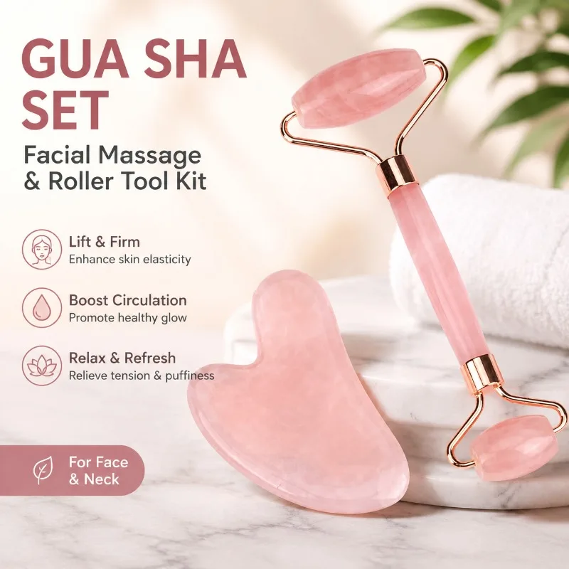 Rose Quartz Jade Double Head Roller Massager Heart Shaped Facial Eye Massage Gua Sha Combo Set Natural Crystal Skincare Tool
Rose Quartz Jade Double Head Roller Massager Heart Shaped Facial Eye Massage Gua Sha Combo Set Natural Crystal Skincare Tool