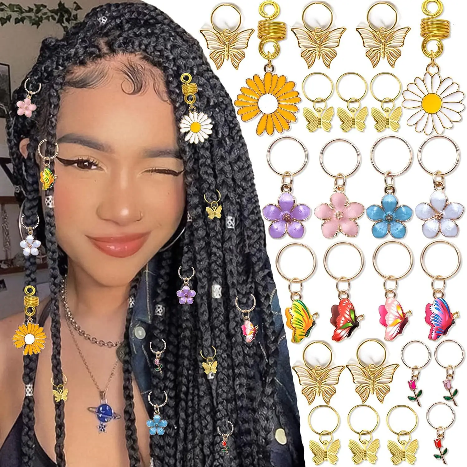 24PCS Flower & Butterfly Wig Dreadlock Hair Ring Set Colorful Flower & Shiny Butterfly Hair Accessories
24PCS Flower & Butterfly Wig Dreadlock Hair Ring Set Colorful Flower & Shiny Butterfly Hair Accessories