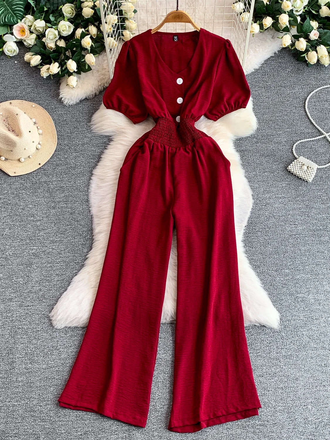 Slimming Wide Leg Pants V Neck Bubble Sleeve Three Button Women's Summer Elastic Waistline One-Piece Suit High Waist Long Pants
Slimming Wide Leg Pants V Neck Bubble Sleeve Three Button Women's Summer Elastic Waistline One-Piece Suit High Waist Long Pants