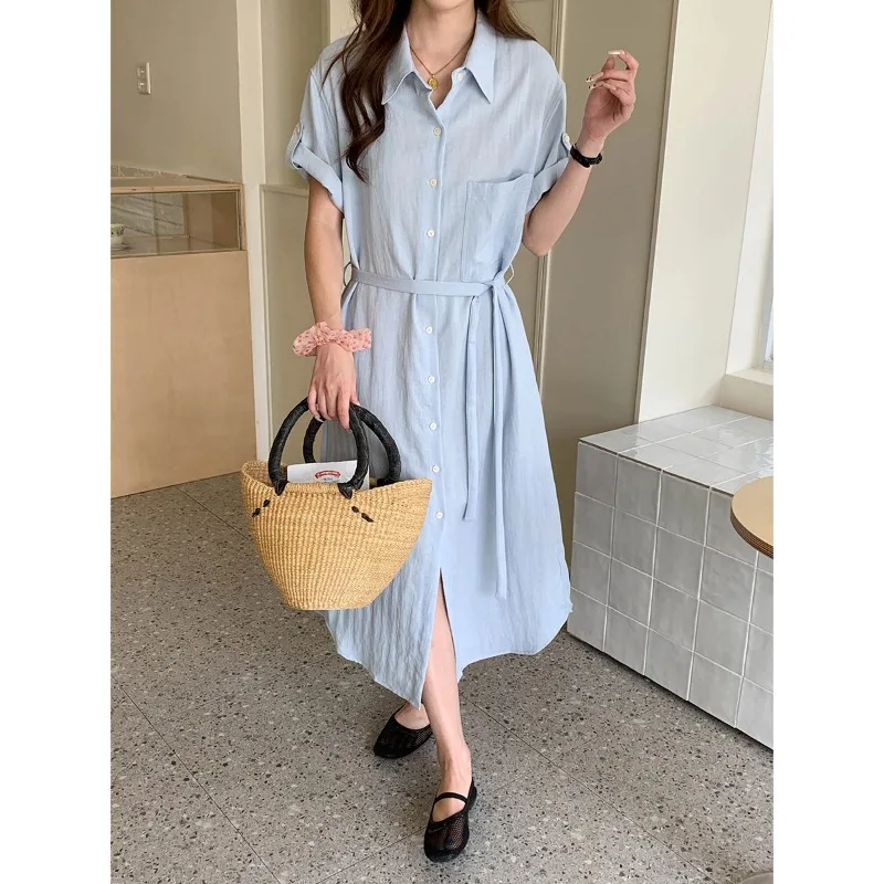 Blend Elegant Waist-Cinching Shirt Dress Women Blue Shirt Dress Length Short Sleeve Casual Loose Fit Belt For Summer Style IMHP
Blend Elegant Waist-Cinching Shirt Dress Women Blue Shirt Dress Length Short Sleeve Casual Loose Fit Belt For Summer Style IMHP