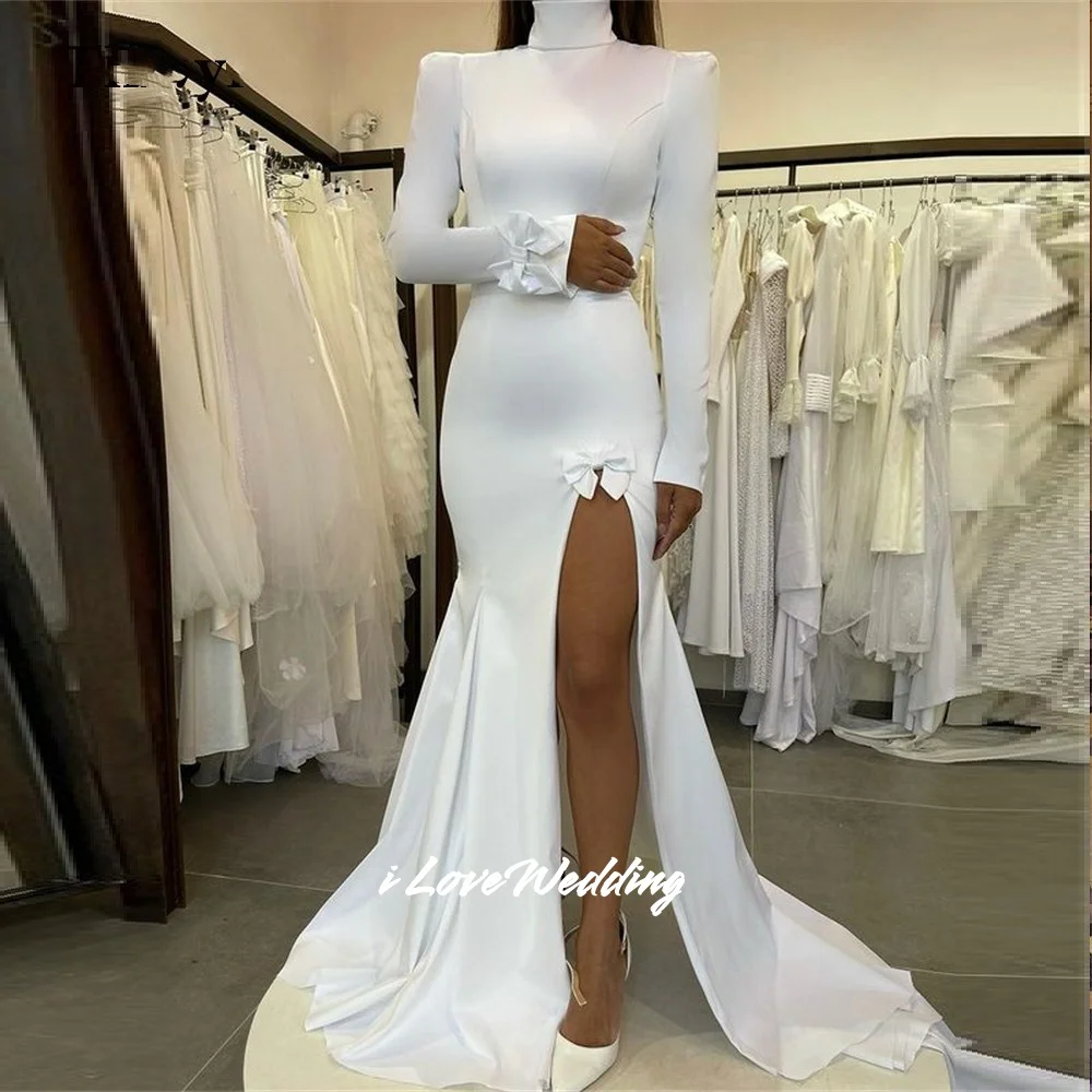 Simple High Neck Wedding Dresses 2025 Long Sleeve Bow Mermaid Split Arabic Bridal Gowns Muslim Trailing Dubai Pleated Customized
Simple High Neck Wedding Dresses 2025 Long Sleeve Bow Mermaid Split Arabic Bridal Gowns Muslim Trailing Dubai Pleated Customized