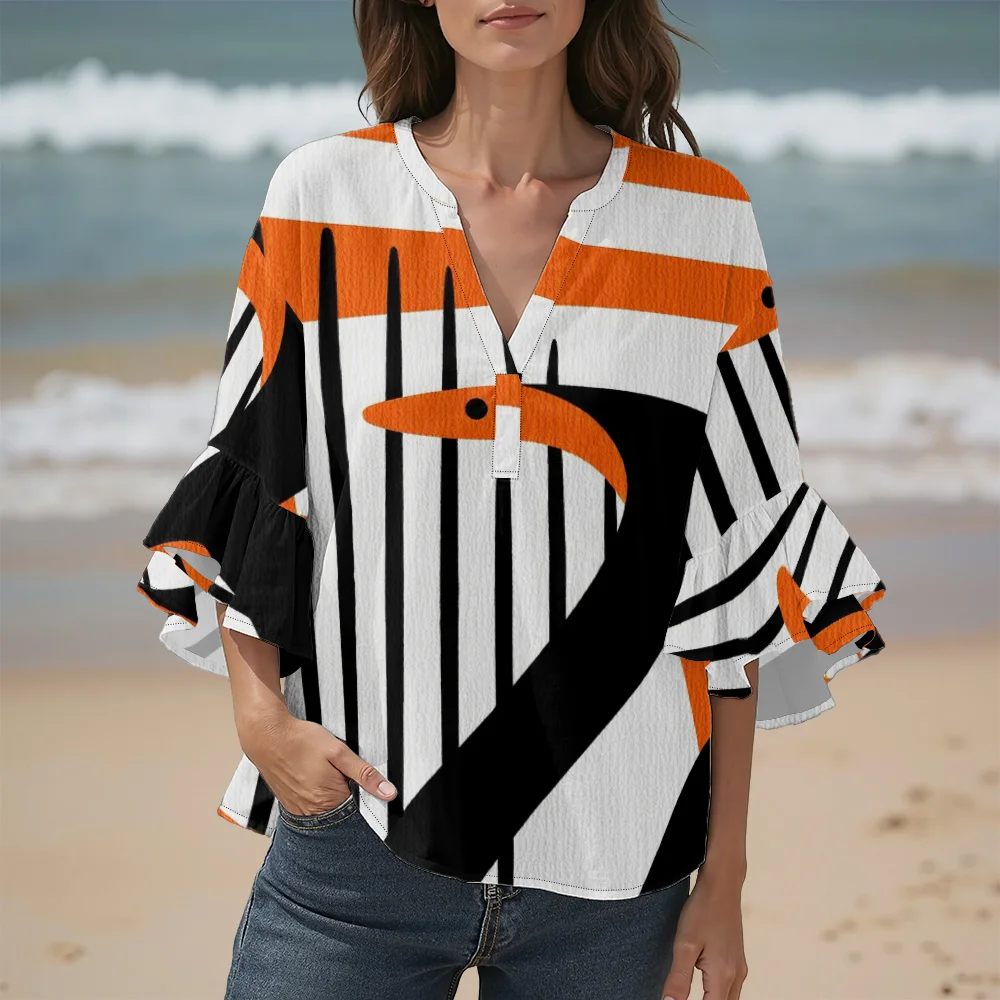 Women's Abstract Geometric Print Shirt Bold Stripe V-Neck Blouse with Flared 3/4 Bell Sleeves Black White Orange Artistic Top
Women's Abstract Geometric Print Shirt Bold Stripe V-Neck Blouse with Flared 3/4 Bell Sleeves Black White Orange Artistic Top