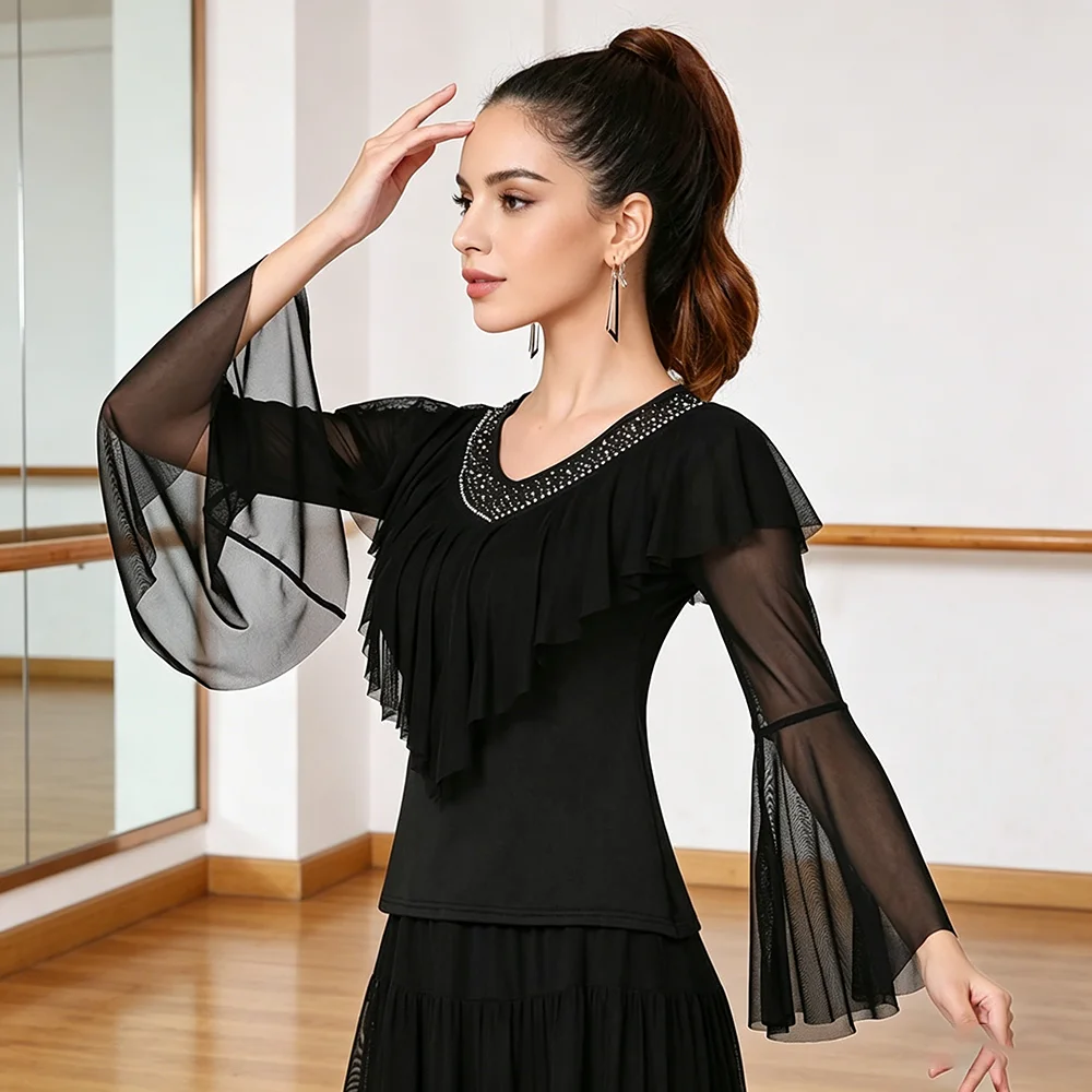 Women's Latin Dance Top Long Sleeve Mesh Trumpet V Neck Rhinestone Ruffled Front Ballroom Modern Performance Clothing
Women's Latin Dance Top Long Sleeve Mesh Trumpet V Neck Rhinestone Ruffled Front Ballroom Modern Performance Clothing