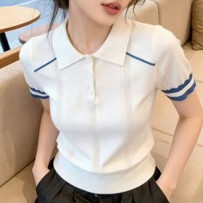 Sueters De Mujer Knitted Sweater Women Pullovers Turn Down Collar Knit Sweater Pullover Women Tops New Summer Short Sleeve Q4984
Sueters De Mujer Knitted Sweater Women Pullovers Turn Down Collar Knit Sweater Pullover Women Tops New Summer Short Sleeve Q4984