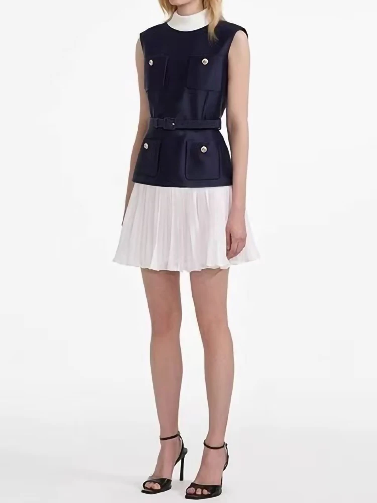 Summer New Fashion Fake Two Pieces Sleeveless Mini Dress Women Elegant Stand Collar Spliced Pleated Chiffon Robe With Belt
Summer New Fashion Fake Two Pieces Sleeveless Mini Dress Women Elegant Stand Collar Spliced Pleated Chiffon Robe With Belt